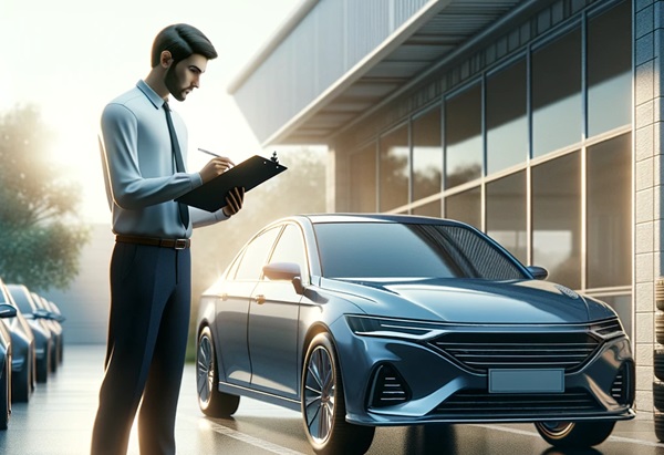 Man with a clipboard determing the value of a car