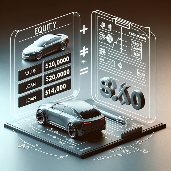 A car with a chart in the background showing $20,000 value, minus $14,000 loan